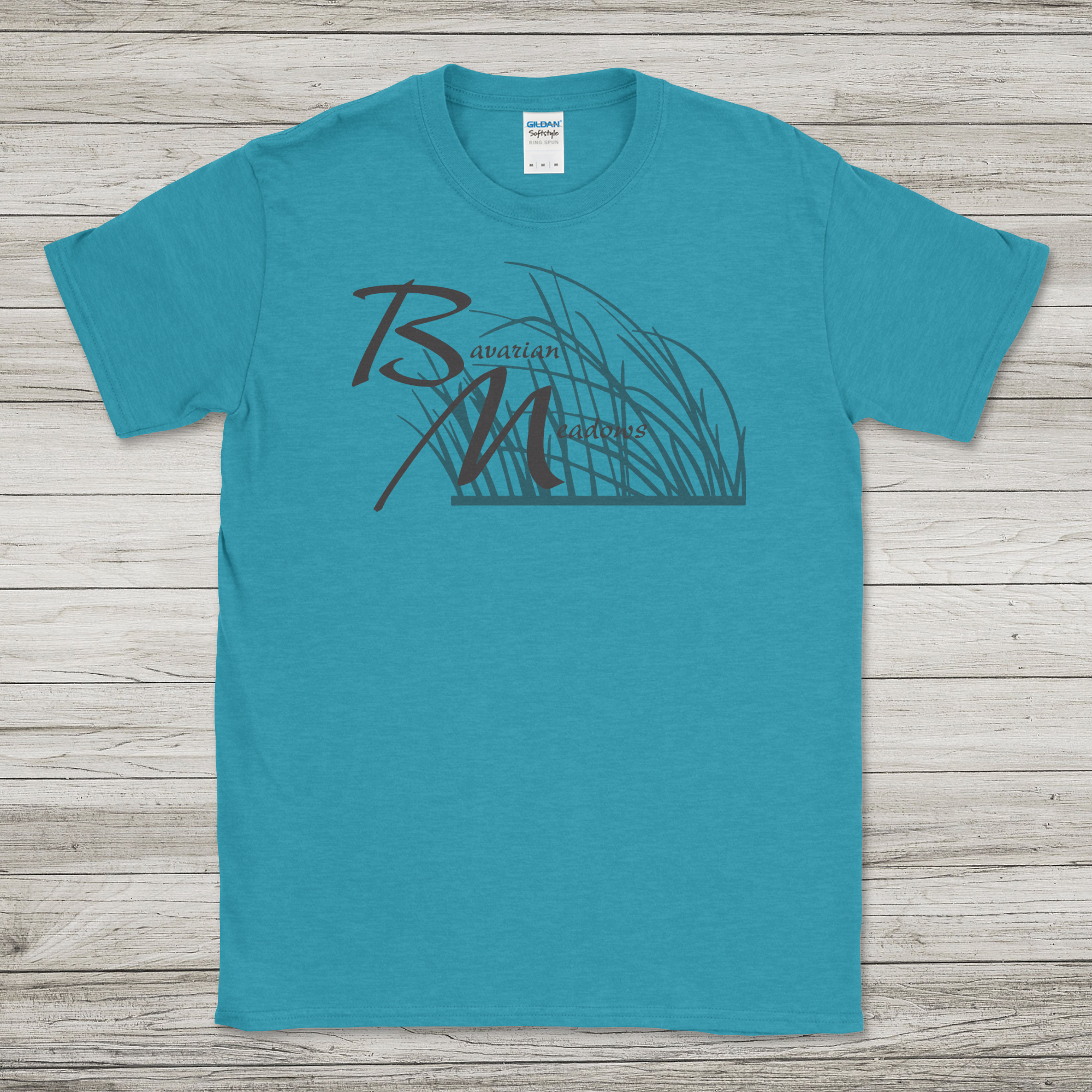 Bavarian Meadows logo with grass - Heather Galapagoes Blue T-Shirt
