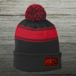 Black and Red pom pom beanie with a red leatherette engraved T&I patch